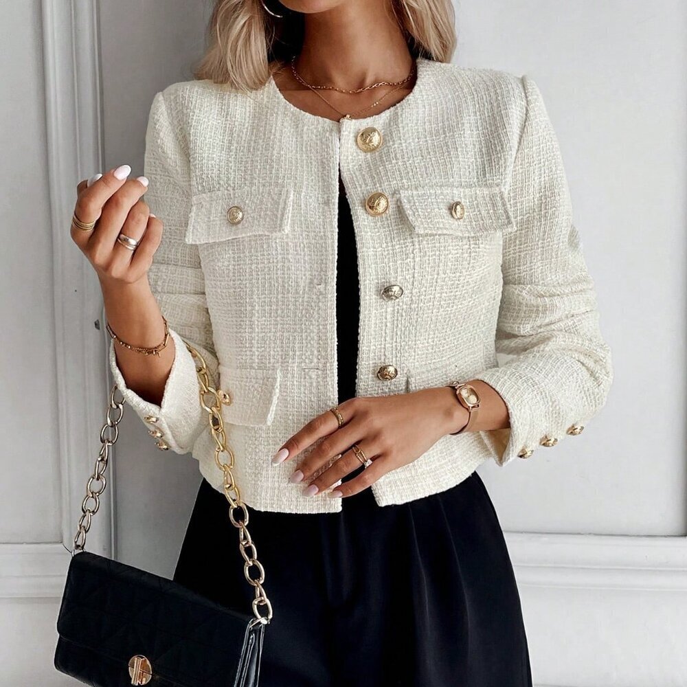 Apricot Elegant Women's Solid Color Tweed Jacket - Picture 3 of 4